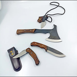 4 pcs Outdoor And Camping Equipment Set, Bushcraft Knife, Handmade Pocket Knife, Camping Ax, Necklace Knife, Camping Gift Knife, Razor Sharp